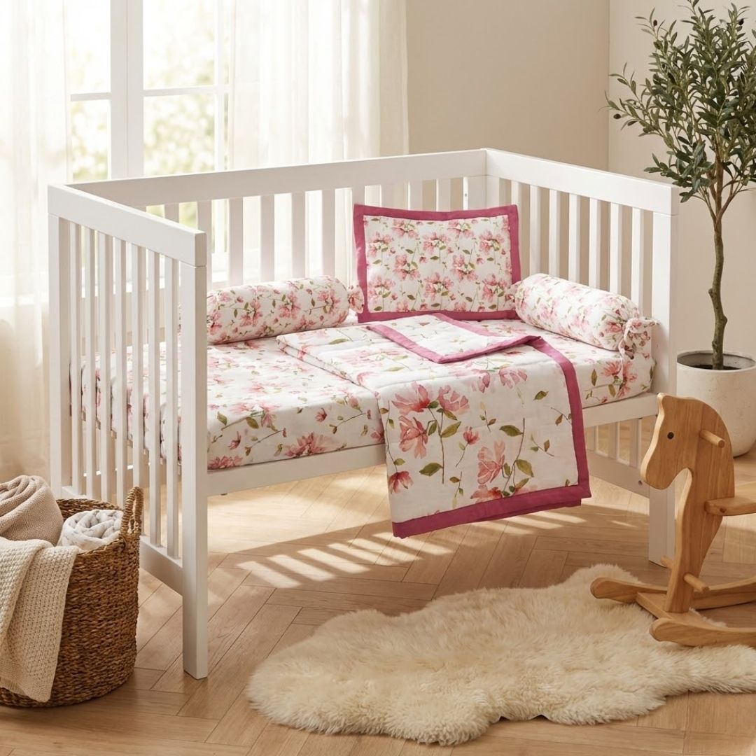 Chrysanthemum Muslin Cot Bedding Set with quilt